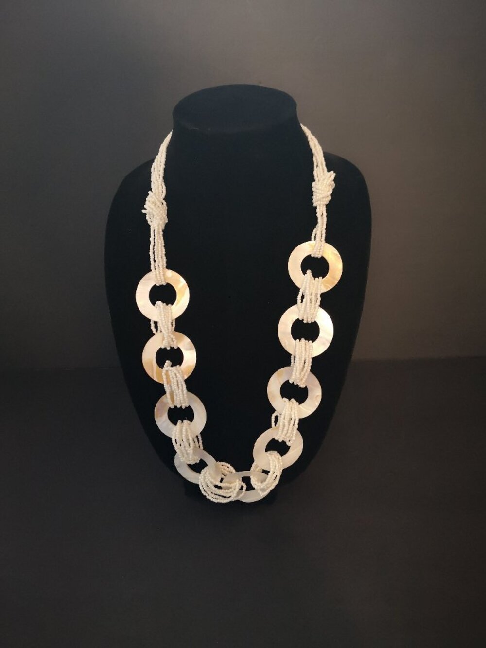 White Mother of Pearl Shell Circles & Seed Beads Multi Strand Chunky Necklace